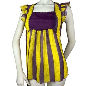 Y2K Max Rave Purple Yellow Short Flutter Sleeve Sheer Top Size XS